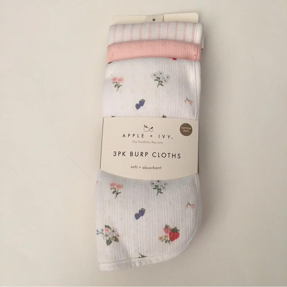 Baby Burp Cloths Cotton Front Pink Floral Strawberries Stripes NEW | Apple + Ivy